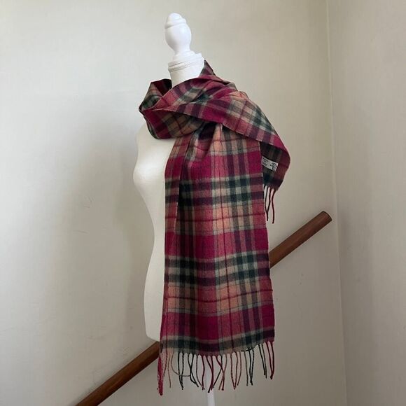 SOLD lambswool soft plaid winter next scarf Shepherds Land Pink Red Fringe - Picture 1 of 6